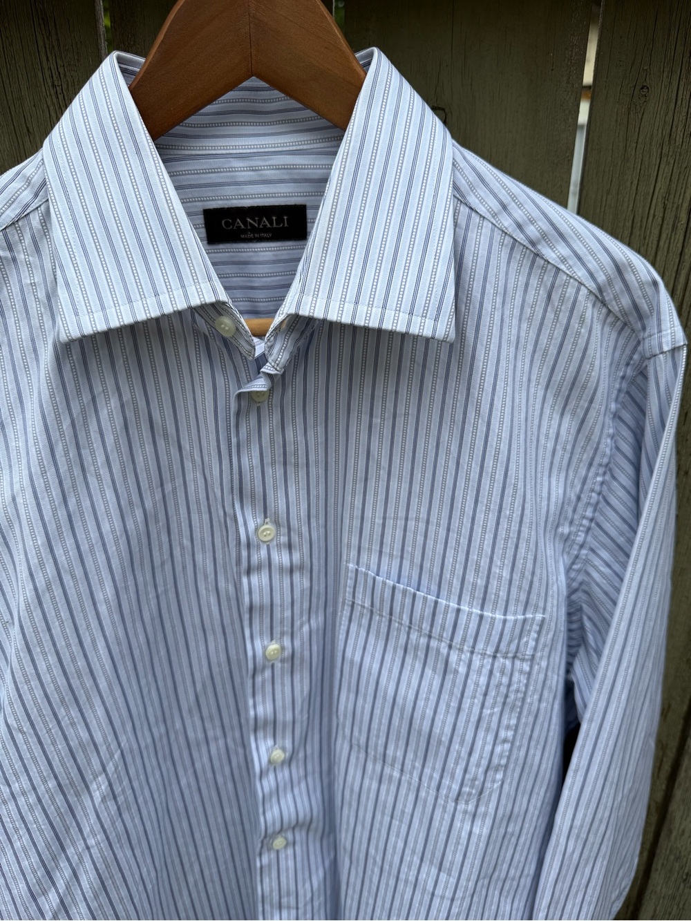 Canali Blue White Stripe Cotton Dress Shirt Mens 42 16.5 Spread Collar Italy